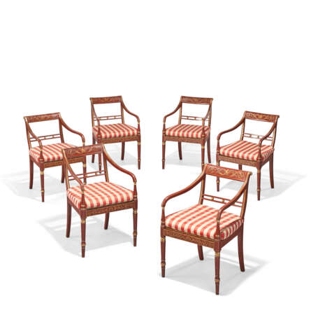 A SET OF SIX REGENCY RED PAINTED AND PARCEL-GILT ARMCHAIRS - photo 1