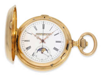 Taschenuhr: schwere astronomische Goldsavonnette, Ankerchronometer mit seltenem, linearen Vollkalender, Mondphase und Chronograph, A. Golay Leresche & Fils, Geneve No.19171, ca. 1890