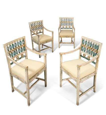 A SET OF FOUR SWEDISH CREAM AND POLYCHROME-PAINTED ARMCHAIRS - photo 1