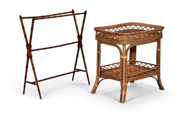 A PAIR OF BAMBOO AND RATTAN TEA TABLES AND A FAUX BAMBOO FOLIO STAND - photo 1