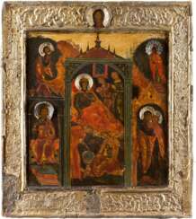 AN ICON SHOWING THE NATIVITY OF THE MOTHER OF GOD WITH SILVER-GILT BASMA