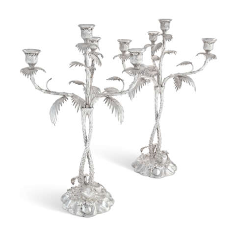 A PAIR OF VICTORIAN FOUR-LIGHT SILVER-PLATED CANDELABRA - photo 1