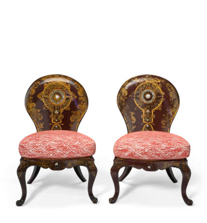 A PAIR OF VICTORIAN PARCEL-GILT AND MOTHER-OF-PEARL INLAID PAPIER MÂCHÉ EBONIZED SIDE CHAIRS - photo 1