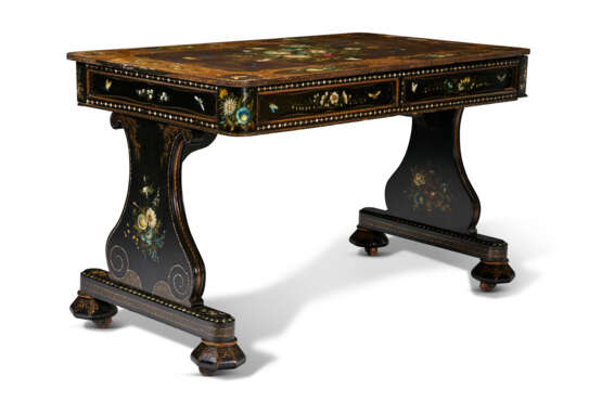 AN EARLY VICTORIAN MOTHER-OF-PEARL, POLYCHROME DECORATED, EBONIZED AND PARCEL-GILT LIBRARY TABLE - photo 1