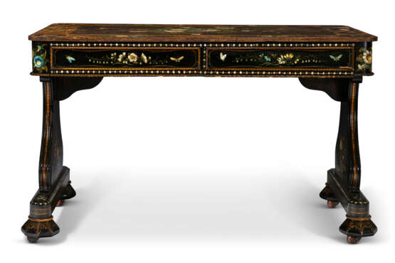 AN EARLY VICTORIAN MOTHER-OF-PEARL, POLYCHROME DECORATED, EBONIZED AND PARCEL-GILT LIBRARY TABLE - photo 4