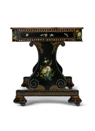 AN EARLY VICTORIAN MOTHER-OF-PEARL, POLYCHROME DECORATED, EBONIZED AND PARCEL-GILT LIBRARY TABLE - photo 5