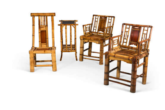 A PAIR OF BAMBOO AND SPLIT REED ARMCHAIRS; A BAMBOO AND SPLIT REED SIDE CHAIR; AND A BAMBOO AND LACQUER OCCASIONAL TABLE - photo 1