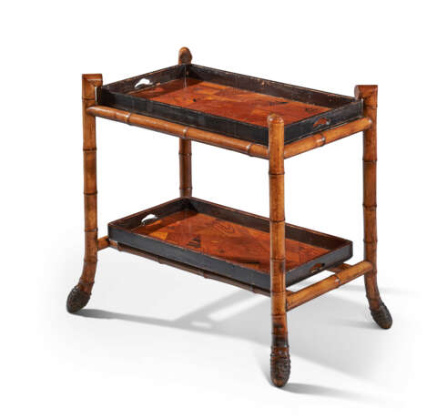 A RECTANGULAR JAPANNED AND PARQUERTY BAMBOO TIERED TRAY-TABLE - photo 1