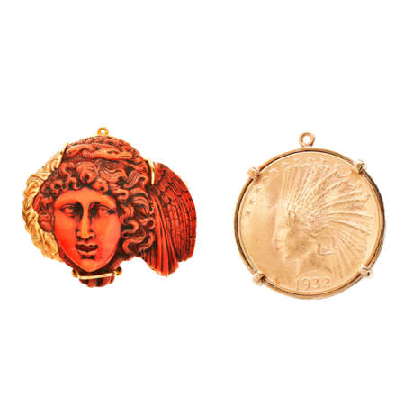 ANDREW CLUNN CORAL PENDANT BROOCH AND GOLD COIN PENDANT - фото 1