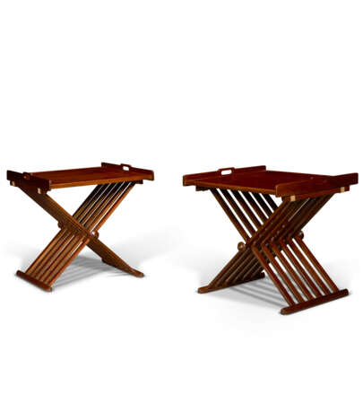 A PAIR OF WALNUT X-FORM CAMPAIGN FOLDING TRAY TABLES - фото 1