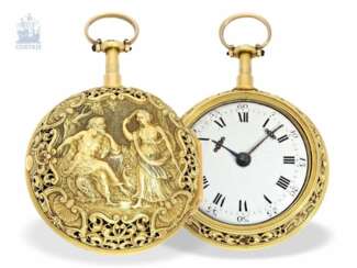 Taschenuhr: prächtige, museale Doppelgehäuse-Repoussé-Spindeluhr von herausragender Qualität, 1/8 Repetition, Charles Cabrier London, um 1730