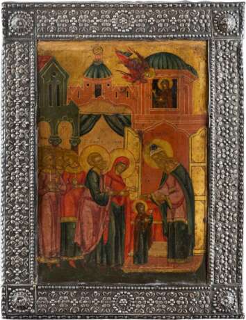 A FINE ICON DEPICTING THE ENTRY OF THE VIRGIN INTO THE TEMPLE WITH SILVER BASMA - фото 1