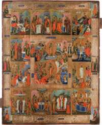 A MONUMENTAL ICON SHOWING THE TWELVE GREAT FEASTS OF ORTHODOXY CENTRED BY THE RESURRECTION AND HARROWING OF HELL