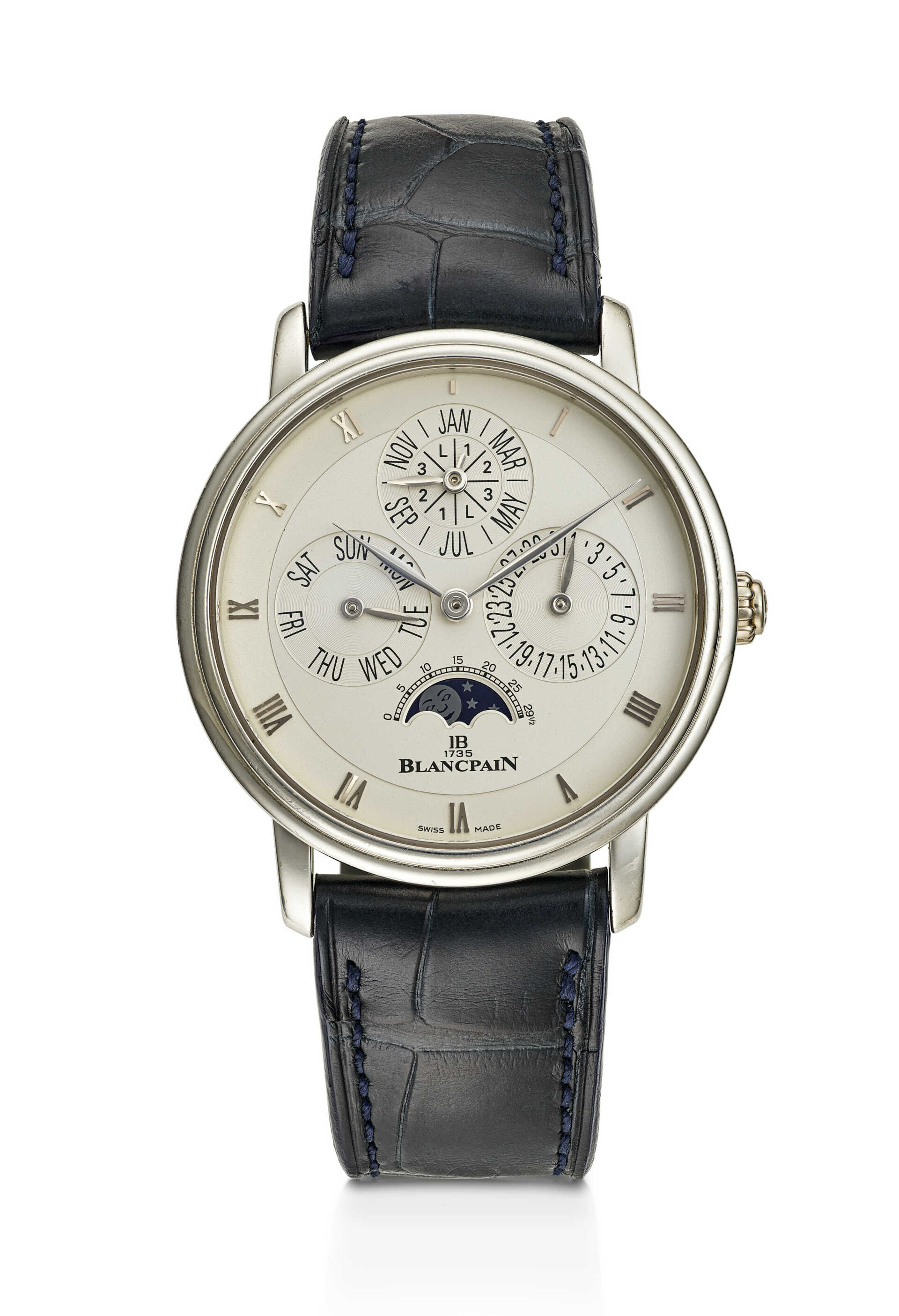 BLANCPAIN, RARE LIMITED EDITION PLATINUM PERPETUAL CALENDAR 'VILLERET', WITH MOON PHASES, NO. 70/201, REF. 6057-3442-55B