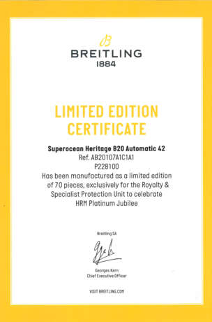 BREITLING, LIMITED EDITION STAINLESS STEEL 'SUPEROCEAN HERITAGE B20', MADE FOR THE PLATINUM JUBILEE ROYALTY AND SPECIALIST PROTECTION, REF. AB2010 - photo 5