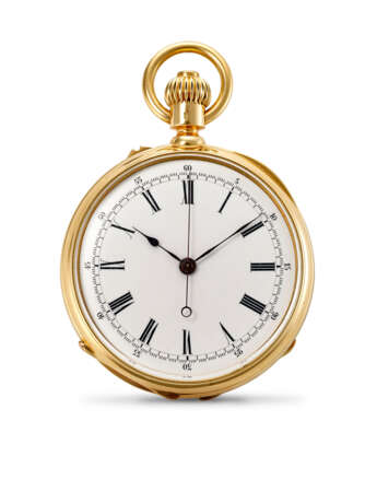 PATEK PHILIPPE, RARE YELLOW GOLD OPENFACE KEYLESS LEVER MONOPUSHER CHRONOGRAPH POCKET WATCH - photo 1