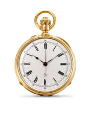 PATEK PHILIPPE, RARE YELLOW GOLD OPENFACE KEYLESS LEVER MONOPUSHER CHRONOGRAPH POCKET WATCH