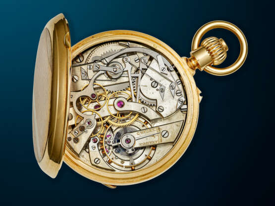 PATEK PHILIPPE, RARE YELLOW GOLD OPENFACE KEYLESS LEVER MONOPUSHER CHRONOGRAPH POCKET WATCH - photo 4