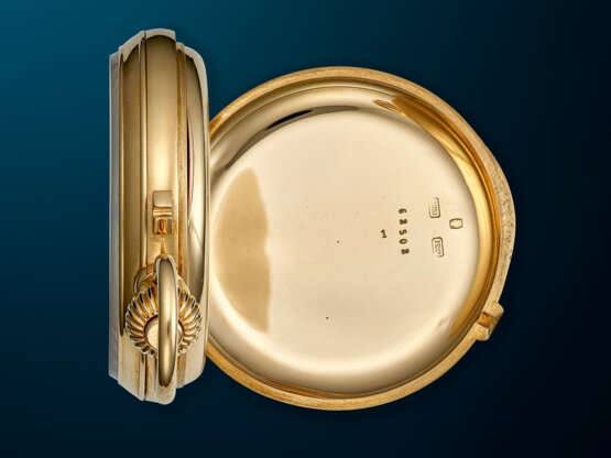 PATEK PHILIPPE, RARE YELLOW GOLD OPENFACE KEYLESS LEVER MONOPUSHER CHRONOGRAPH POCKET WATCH - photo 5