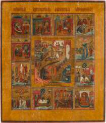 A LARGE ICON SHOWING THE ANASTASIS AND THE RESURRECTION WITH TWELVE CALENDAR FEASTS