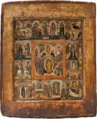 A FINELY PAINTED ICON SHOWING THE RESURRECTION AND THE MAIN LITURGICAL FEASTS OF THE ORTHODOX YEAR