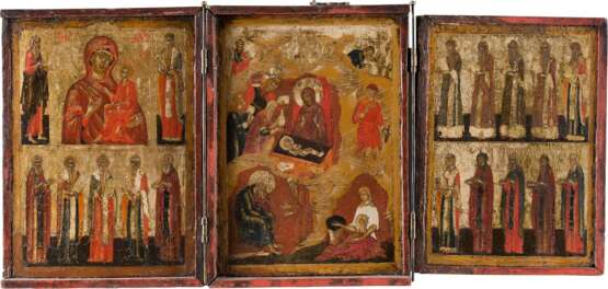 A FINE TRIPTYCH SHOWING THE NATIVITY OF CHRIST, THE TIKHVINSKAYA MOTHER OF GOD AND SELECTED SAINTS - Foto 1