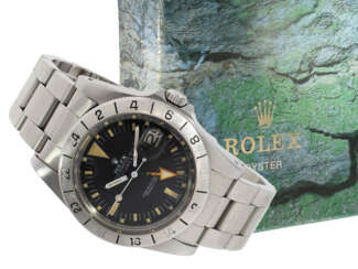 Armbanduhr: gesuchte vintage Rolex Herrenuhr, Rolex 1655 Explorer II von 1972, 1. Serie, sog. "Orange Hand Steve McQueen" mit Originalkarton
