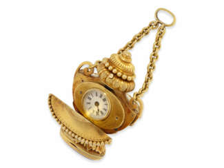 Anhängeuhr/Formuhr/Petschaft: museale und vermutlich einzigartige goldene Petschaft "Urne"/"Vase" mit versteckter Uhr, 2 versteckten Giftfächern und Siegelstein, vermutlich Genf um 1800