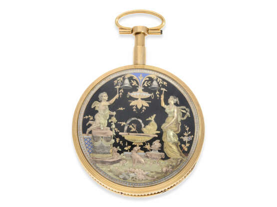Taschenuhr: extrem seltene, museale Taschenuhr mit rückseitigem, mehrfarbigen Goldautomat "Der Springbrunnen", vermutlich Genf um 1820 - photo 1