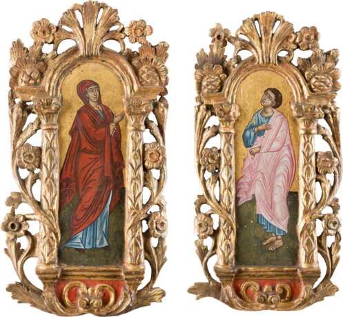 TWO ICONS FROM A CHURCH ICONOSTASIS SHOWING THE MOTHER OF GOD AND ST. JOHN FROM A CRUCIFIXION - photo 1
