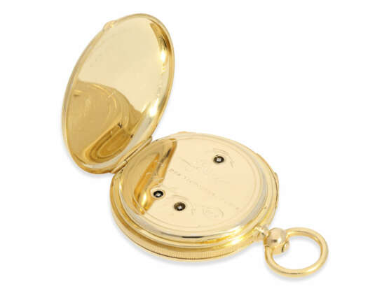 Taschenuhr: hochfeine, technisch komplizierte Goldsavonnette mit unabhängiger, anhaltbarer Seconde Morte und Viertelstunden-Schlag, Lepine Paris No.6612, mit Originalbox, ca.1840 - photo 7