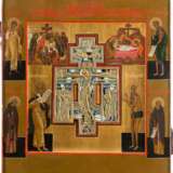 A STAUROTHEK ICON SHOWING THE CRUCIFIXION, THE DESCENT FROM THE CROSS AND THE ENTOMBMENT WITH SELECTED SAINTS - photo 1