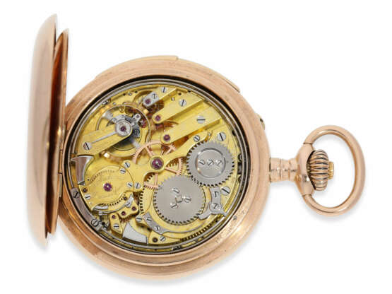 Taschenuhr: Rarität, ganz frühe rotgoldene Savonnette mit ewigem Kalender und Minutenrepetition, Louis Audemars No.10377, ca. 1870 - Foto 4