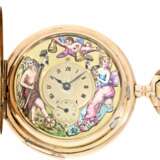 Taschenuhr: außergewöhnlich große, rotgoldene Schlagwerks-Uhr mit emailliertem Figurenautomat Jacquemart "Chronos schlägt die Stunden", vermutlich Maurice Ditisheim No.1434, ca.1910 - photo 1