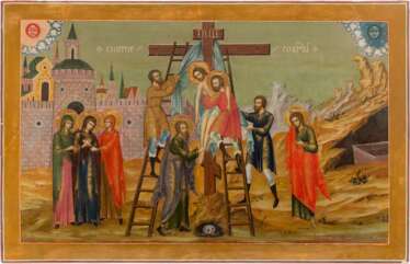 A MONUMENTAL ICON SHOWING THE DEPOSITION OF CHRIST FROM THE CROSS FROM A CHURCH ICONOSTASIS