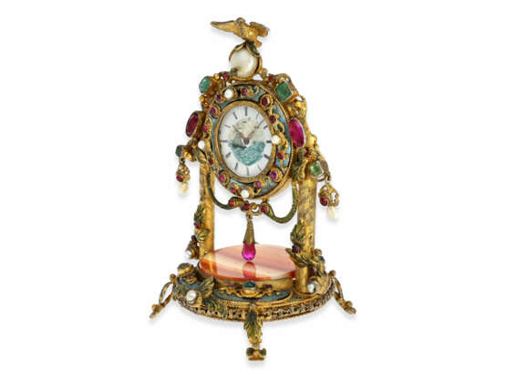 Tischuhr: prächtige Miniatur-Prunk-Tischuhr mit Stein- und Perlenbesatz, Silber vergoldet, vermutlich Wien um 1830 - photo 3