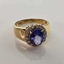 14K-Tansanitring mit Diamanten - Gelbgold 585 /000