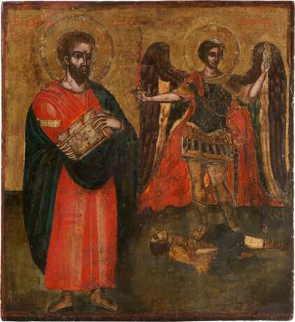 A MONUMENTAL ICON SHOWING AN EVANGELIST AND THE ARCHANGEL MICHAEL TAKING THE SOUL OF A DEAD MAN - photo 1