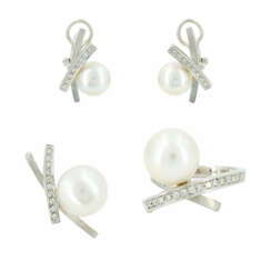 PEARL-DIAMOND-SET: RING, PENDANT AND CLIP-STUD-EARRINGS