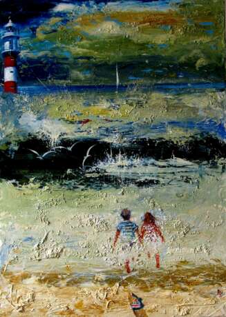 Two and the sea . oil on paper on cardboard Expressionnisme Romanticism Ukraine 2024 - photo 1