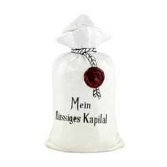 Porcelain bottle Mein fl&uuml;ssiges Kapital, in the shape of a canvas money bag. 