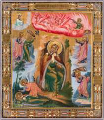A FINE ICON DEPICTING THE PROPHET ELIJAH, HIS LIFE IN THE DESERT AND HIS FIERY ASCENSION TO HEAVEN