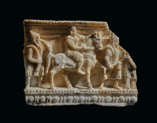 AN ETRUSCAN FRAGMENTARY ALABASTER CINERARY URN