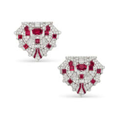 RAYMOND YARD ART DECO RUBY AND DIAMOND DOUBLE CLIP-BROOCH