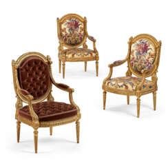 A SET OF THREE LOUIS XVI-STYLE GILTWOOD FAUTEUILS