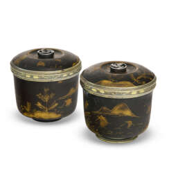 A PAIR OF LOUIS XV SILVER-GILT MOUNTED BLACK AND GILT LACQUER BOWLS AND COVERS