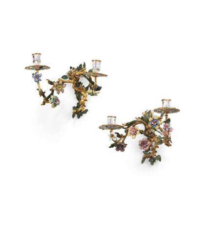 A NEAR PAIR OF AUSTRIAN ORMOLU AND ENAMEL TWO-BRANCH WALL-LIGHTS - photo 1