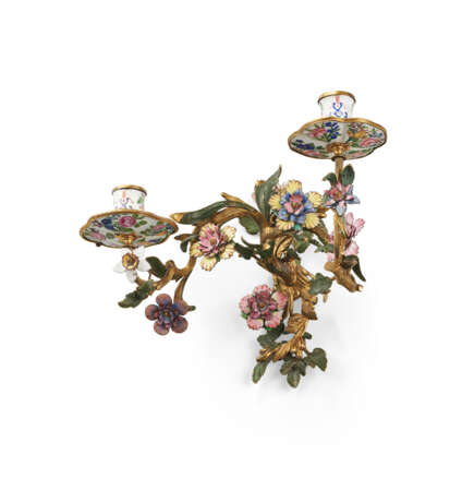 A NEAR PAIR OF AUSTRIAN ORMOLU AND ENAMEL TWO-BRANCH WALL-LIGHTS - photo 2