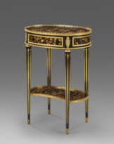 A LOUIS XVI ORMOLU-MOUNTED EBONY, JAPANESE LACQUER AND VERNIS-DECORATED OCCASIONAL TABLE