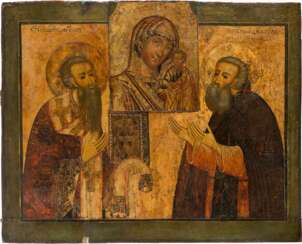 A MONUMENTAL ICON SHOWING THE MOTHER OF GOD OF KAZAN AND TWO SELECTED SAINTS